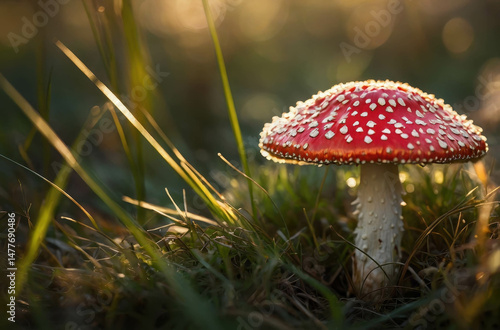 Red Mushroom Amanita Muscaria in Sunlit Forest: Close-Up Macro Photography of Spotted Cap in Autumn Fungal Ecosystem and Woodland Biodiversity