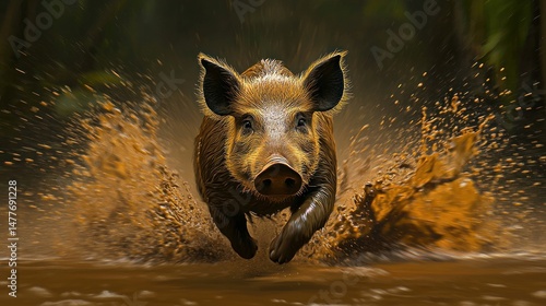 Wild boar charging through muddy water with powerful momentum photo
