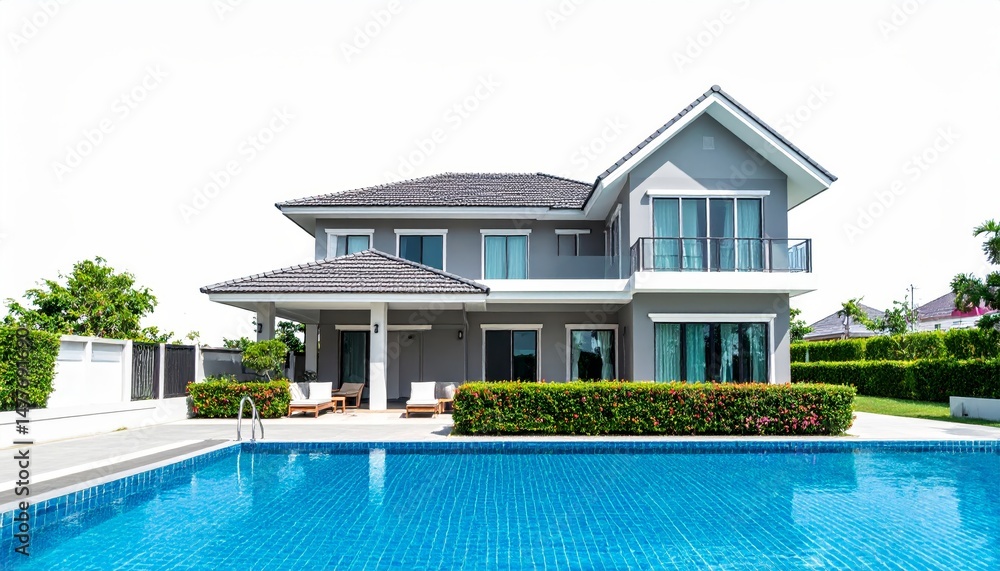 Fototapeta premium Luxury house model with swimming pool isolated on empty white background
