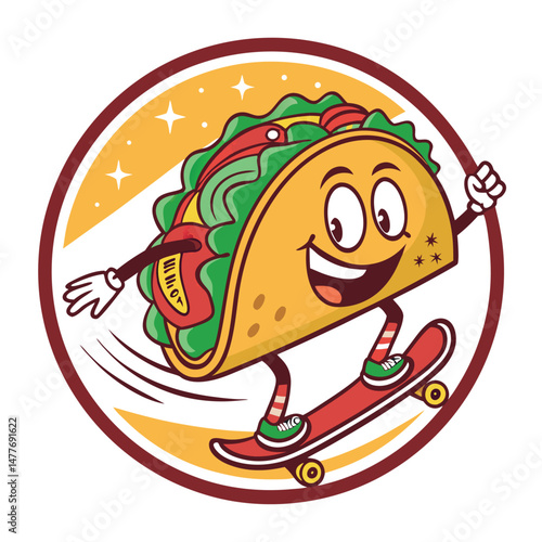 Generate a comical image of a smiling taco skillfully skateboarding in a wobbly, imperfect circle.  Emphasis on cartoonish style.