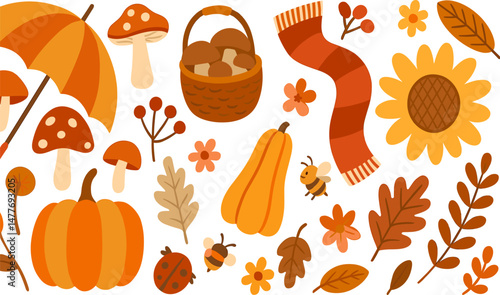 Flat illustration of autumn season elements including pumpkins, mushrooms, scarf, sunflowers, and falling leaves in warm tones.