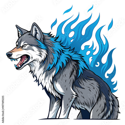 A snarling, wolf-like canine, fiery blue flames engulfing its body, intense gaze, dark fur, detailed muscle definition, dramatic lighting.