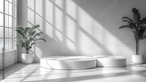 Minimalist studio product display, sunlight, plants