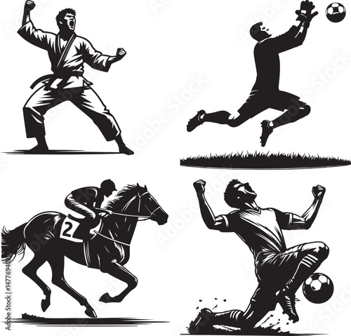 Black and white sports collage showcasing karate, soccer, horse racing, and football