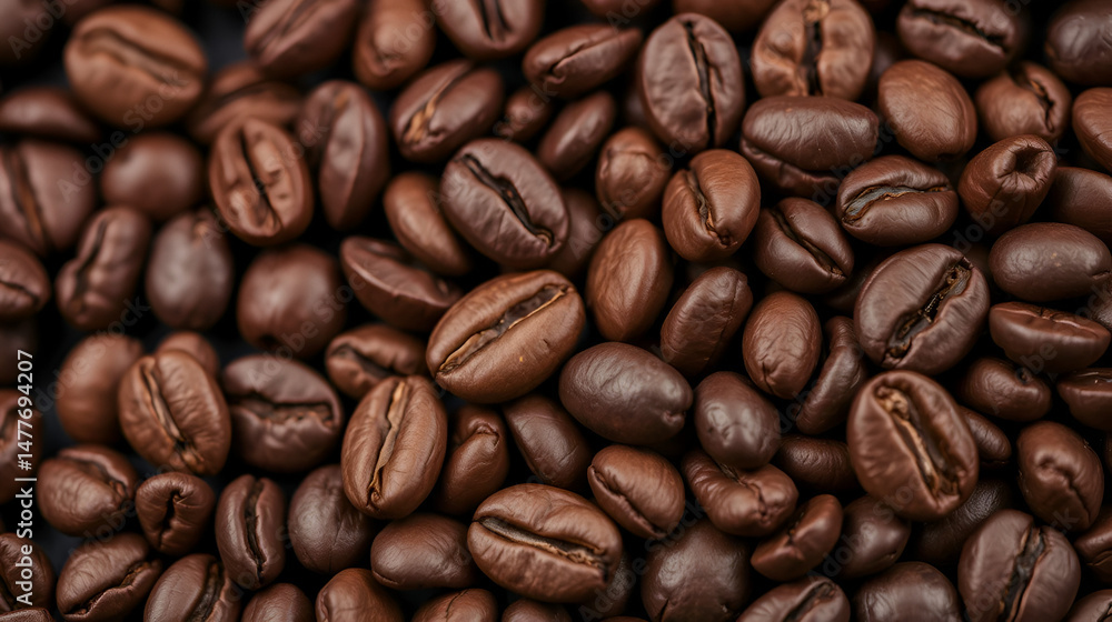 Close-up of assorted roasted coffee beans on a dark background with varied shapes and shades of brown highlighting their texture Close-up of assorted roasted coffee beans on a dark background with varied shapes and shades of brown highlighting their texture