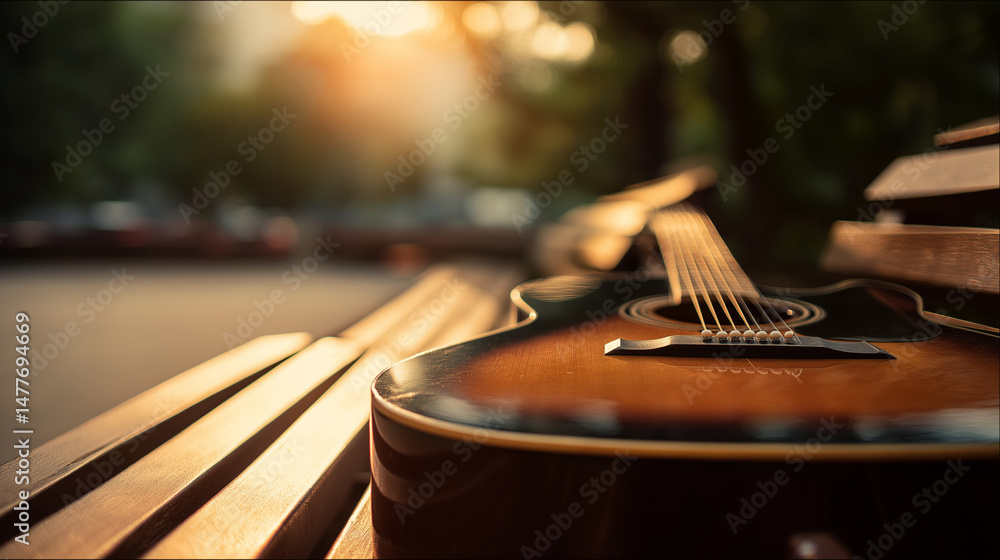 Obraz premium Acoustic guitar on a wooden bench, a moment of quiet inspiration