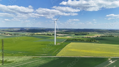 wind turbines in a field photographed with a drone