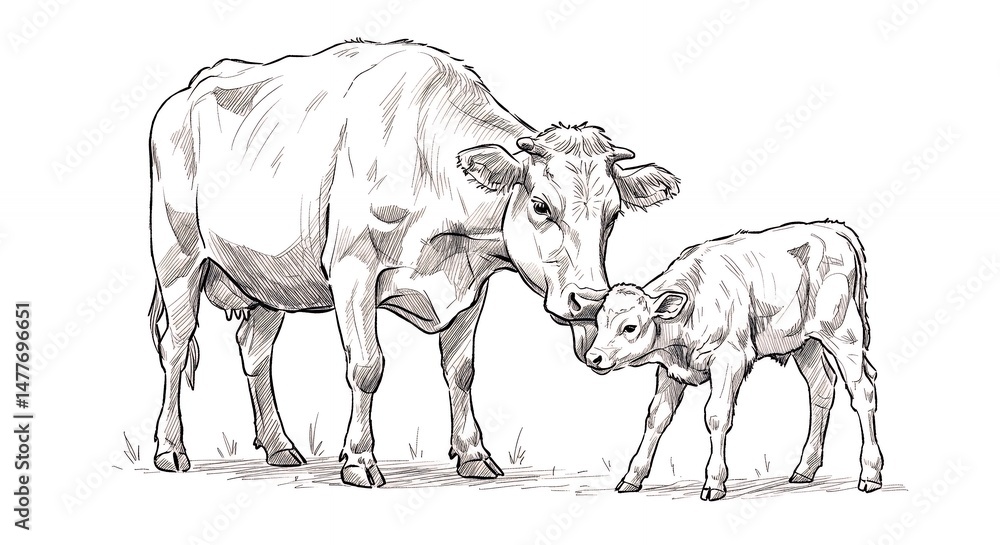Fototapeta premium Cow and calf illustration