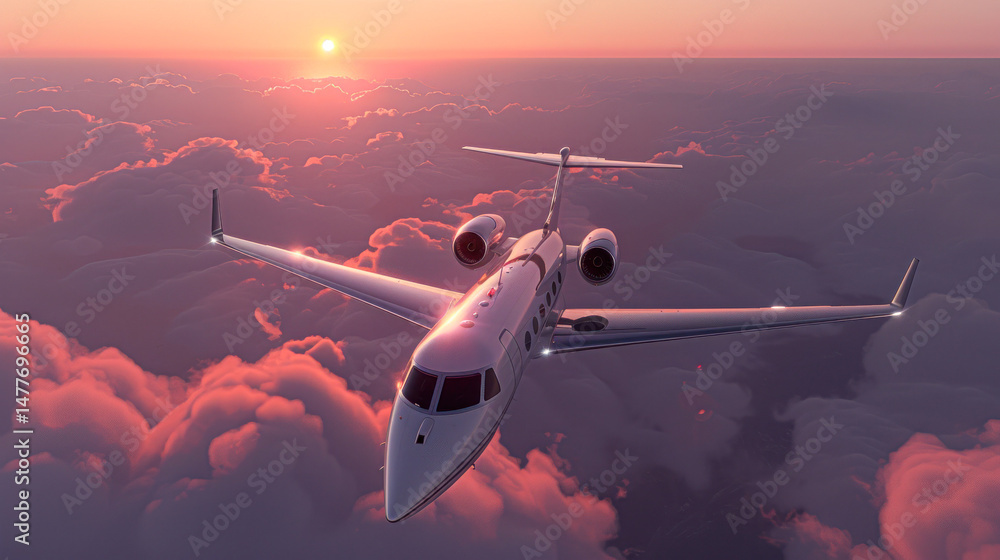 Fototapeta premium A sleek private jet flies above pink clouds during a stunning sunset.