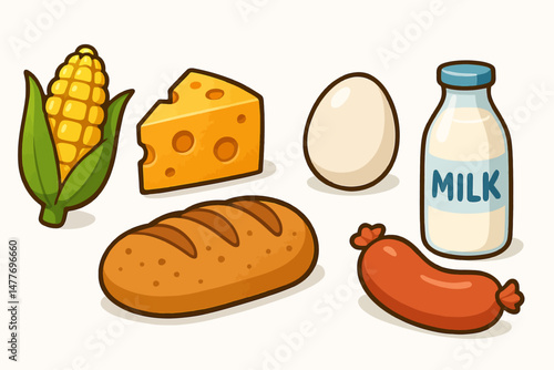Cute Cartoon Icons of Common Food Items vector