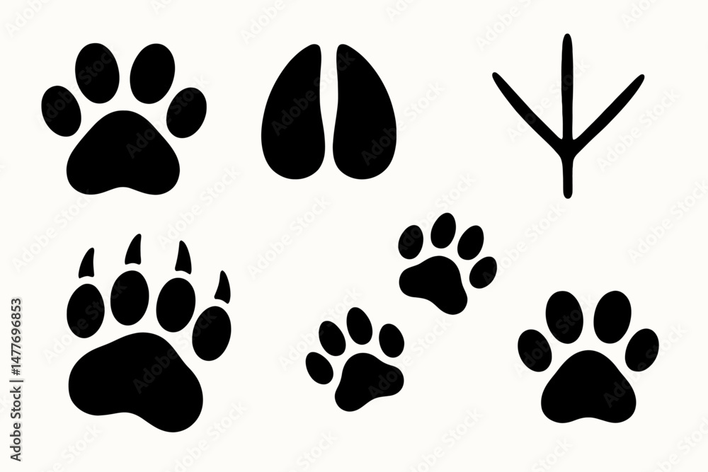 Fototapeta premium Animal Tracks and Footprints Black Icons Set vector