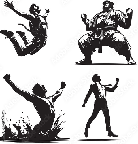 Four black and white illustrations of men in various states of celebration and triumph