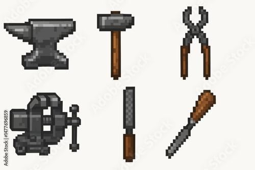 Pixel Art Blacksmith and Metalworking Tools Icons vector