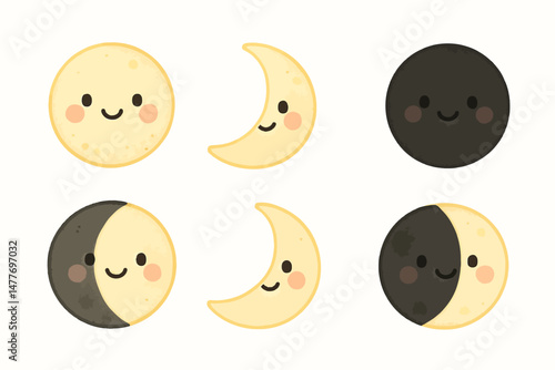 Adorable Cartoon Moon Phases with Smiling Faces vector