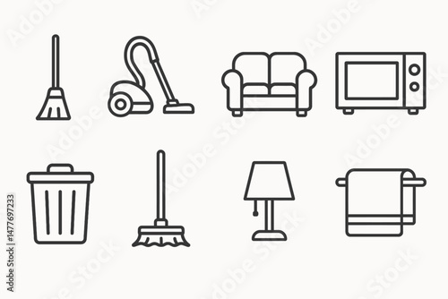 Minimal Home Cleaning and Furniture Icon Set vector