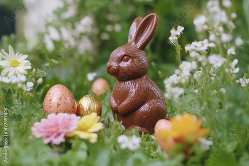 Chocolate Easter Bunny in a Spring Garden