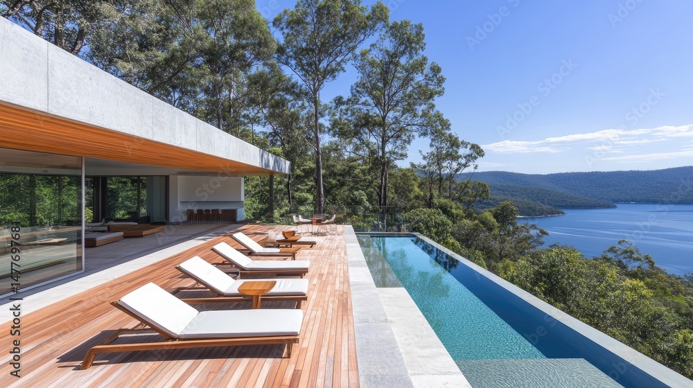 Obraz premium Modern house with infinity pool overlooking a tranquil lake.