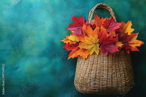 Wicker bag holds colorful autumn maple leaves against a textured teal background to display fall
