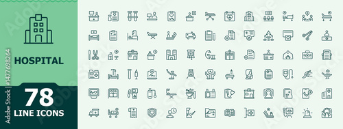 Hospital vector line icon set. Included healthcare, pharmacy, doctor, medical and more. Medical Center linear icon collection. Minimal icons pack. Editable stroke vector art.