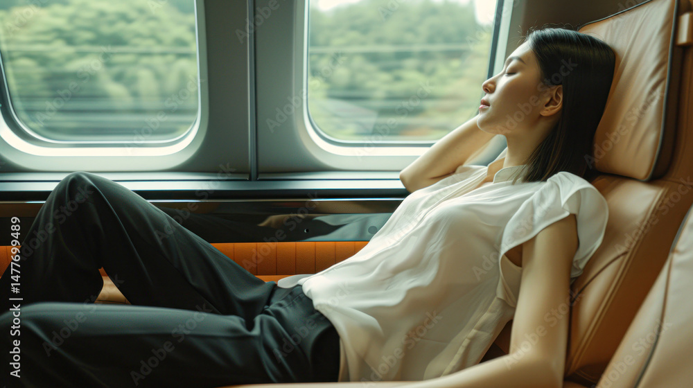 Fototapeta premium A woman relaxes and naps in a comfortable seat on a modern train, with greenery visible through the windows.