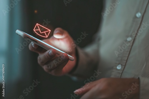 Smishing Attack Concept: Hacker Holding Smartphone with Red Envelope and Hook Icon Representing SMS Phishing