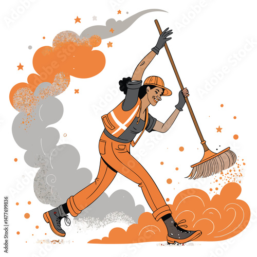 A joyful street cleaner performs a spirited dance, twirling a broom amidst a swirling dust cloud.  The image should evoke happiness and playful energy.