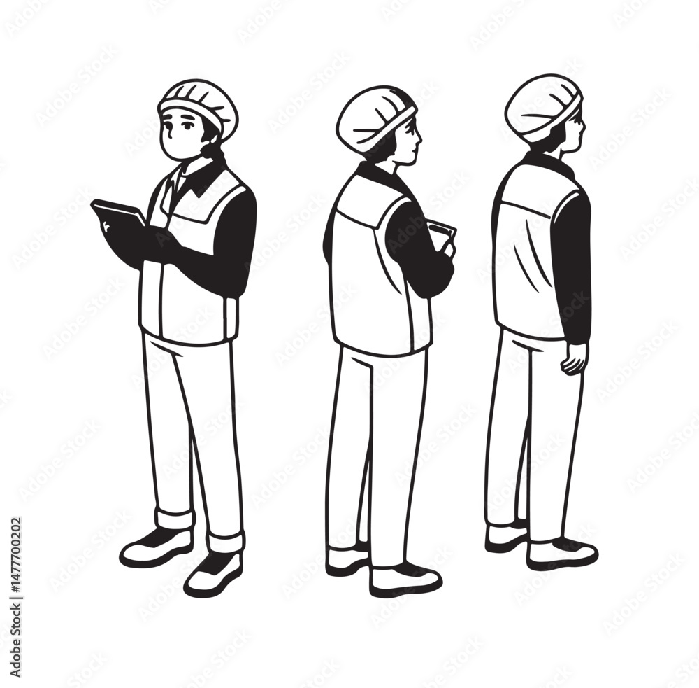 Manufacture quality control worker wearing hairnet, uniform holding scanner. Character for animation. Front, side and back view set. Body parts, postures, poses collection. Vector illustration Manufacture quality control worker wearing hairnet, uniform holding scanner. Character for animation. Front, side and back view set. Body parts, postures, poses collection. Vector illustration
