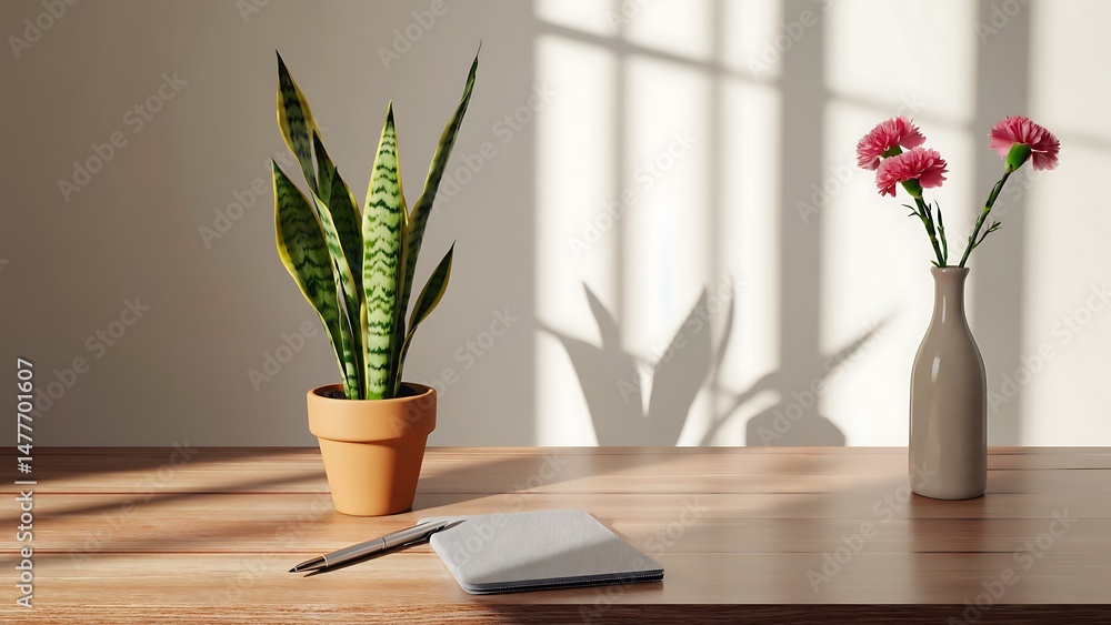 Fototapeta premium Flowers and a plant on a wooden table
