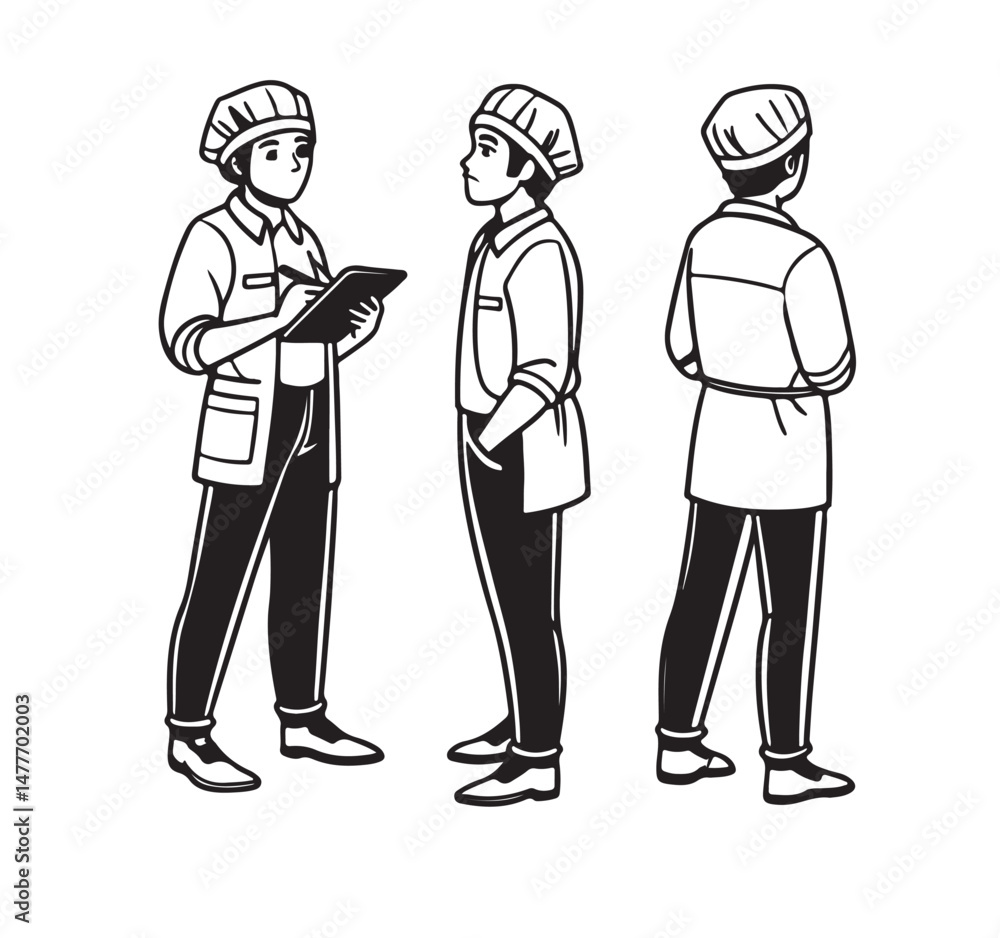 Manufacture quality control worker wearing hairnet, uniform holding scanner. Character for animation. Front, side and back view set. Body parts, postures, poses collection. Vector illustration Manufacture quality control worker wearing hairnet, uniform holding scanner. Character for animation. Front, side and back view set. Body parts, postures, poses collection. Vector illustration