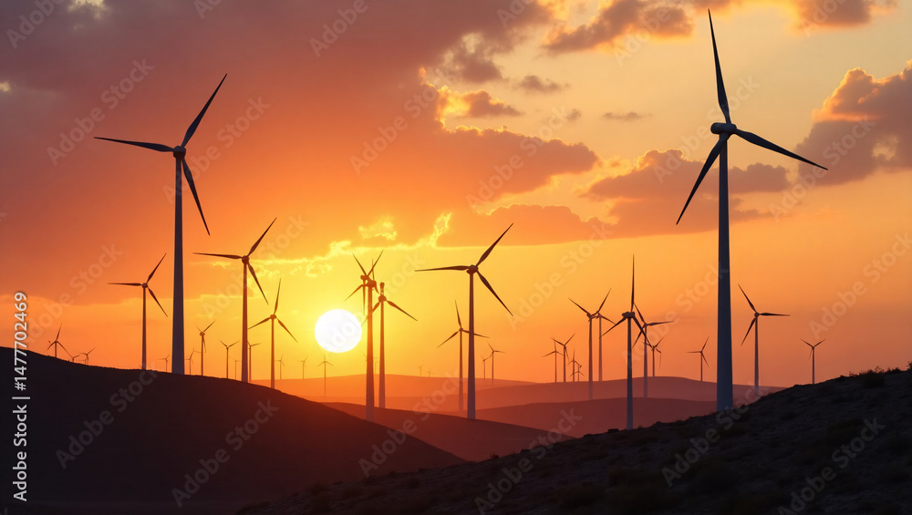 Obraz premium Wind turbines silhouetted against a breathtaking sunset, showcasing renewable energy's power and beauty. The fiery sky provides a dramatic backdrop to these modern structures.