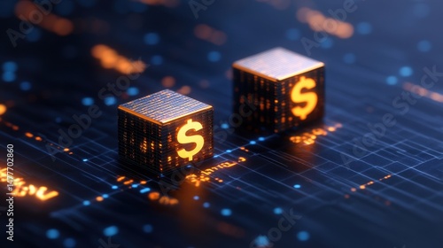 Two glowing golden cubes with dollar signs rest on a dark blue circuit board. The image evokes themes of digital currency and finance.