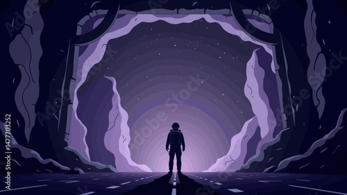 Astronaut standing on road in dark cave with glowing light background  