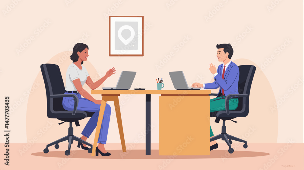 Two professionals discussing ideas at modern office workspace Two professionals discussing ideas at modern office workspace