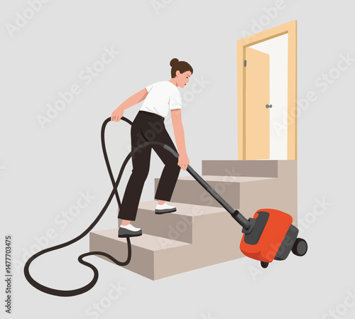 Woman vacuuming stairs with a red vacuum cleaner indoors
