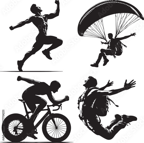 Black and white silhouette illustration of various extreme sports activities set art