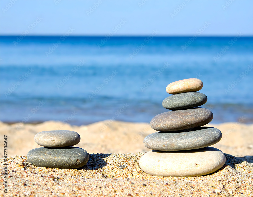 Serene zen stones balance on a sandy beach, ocean backdrop. Symbol of peace, harmony, wellbeing. Ideal for travel, spa, meditation themes, stress relief. Serene zen stones balance on a sandy beach, ocean backdrop. Symbol of peace, harmony, wellbeing. Ideal for travel, spa, meditation themes, stress relief.