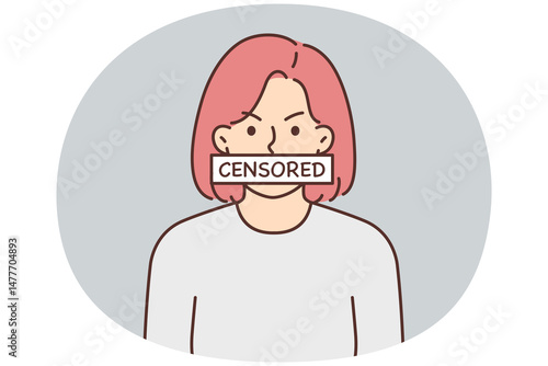 Angry woman with censored sign covering mouth symbolizes violation democracy