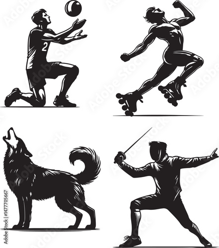 Black and white illustrations of volleyball player, roller skater, wolf, and fencer