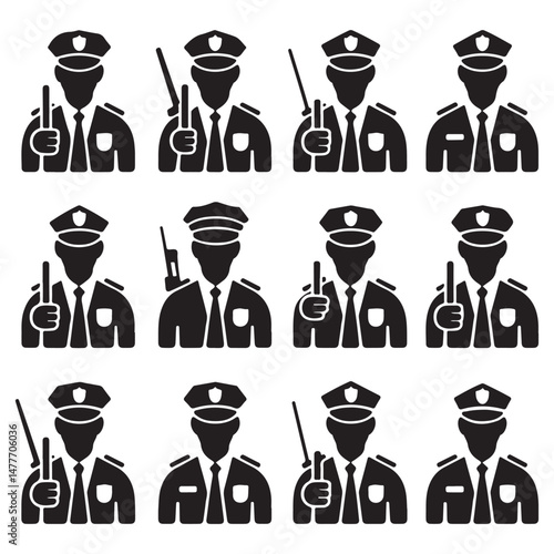 Set of Black Silhouettes of Police Officers – Uniformed Law Enforcement Figures for Security, Protection, and Safety
