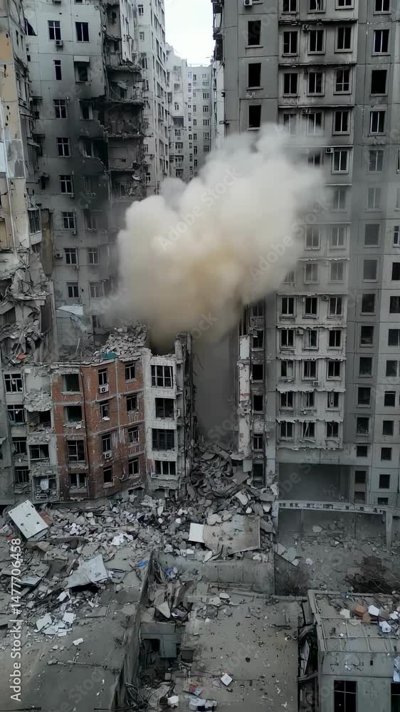 Urban residential building damaged by explosion with rising smoke and ...
