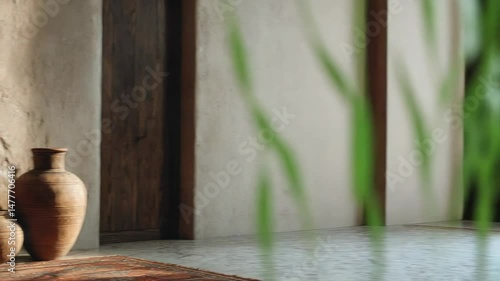 Warm hues of traditional rug adorn wall, complemented by rustic pottery and greenery