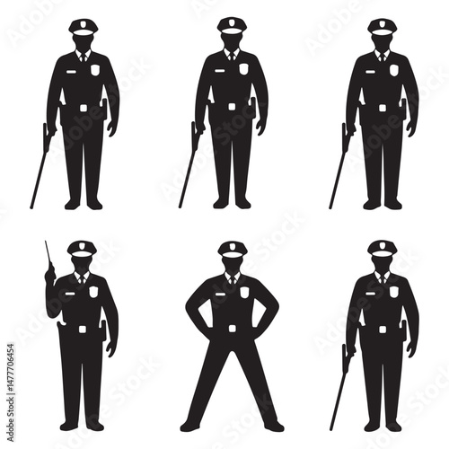 Set of Black Silhouettes of Police Officers – Uniformed Law Enforcement Figures for Security, Protection, and Safety