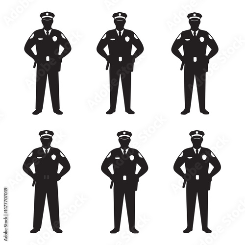 Set of Black Silhouettes of Police Officers – Uniformed Law Enforcement Figures for Security, Protection, and Safety
