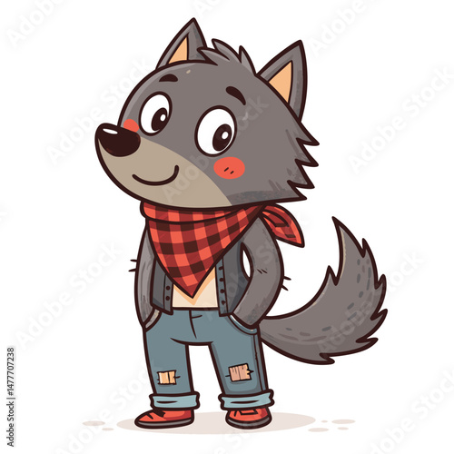 Render a cute, miniature werewolf pup with ripped jeans, a stylish checkered scar, and mischievous expression.  Emphasis on detail and texture.