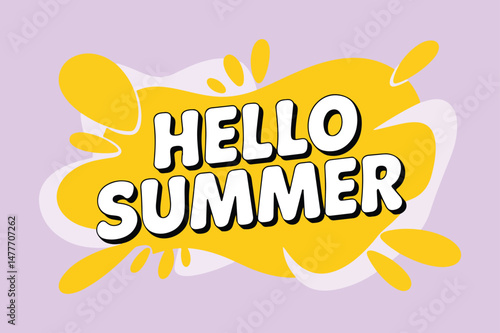 Hello Summer Vector Banner with Abstract Yellow Shapes on Lilac Background