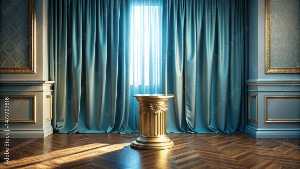 Fototapeta premium Elegant Golden Pedestal Display in a Room with Teal Drapes and Wood Floor