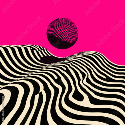 Vector illustration in bold op-art style: black and cream wavy lines form surreal landscape and sphere on hot pink background. Reflects the current popularity of 3D illusion trends.