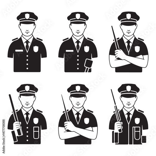 Set of Black Silhouettes of Police Officers – Uniformed Law Enforcement Figures for Security, Protection, and Safety