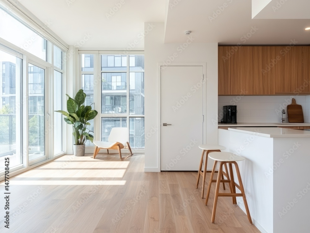 Fototapeta premium Bright modern interior with sunlight wooden floor contemporary design and plant