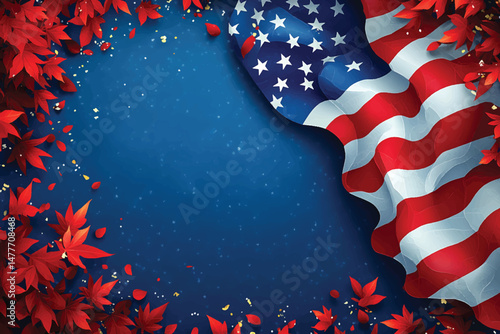 American flag gently waves on blue background framed by red maple leaves creating beauty